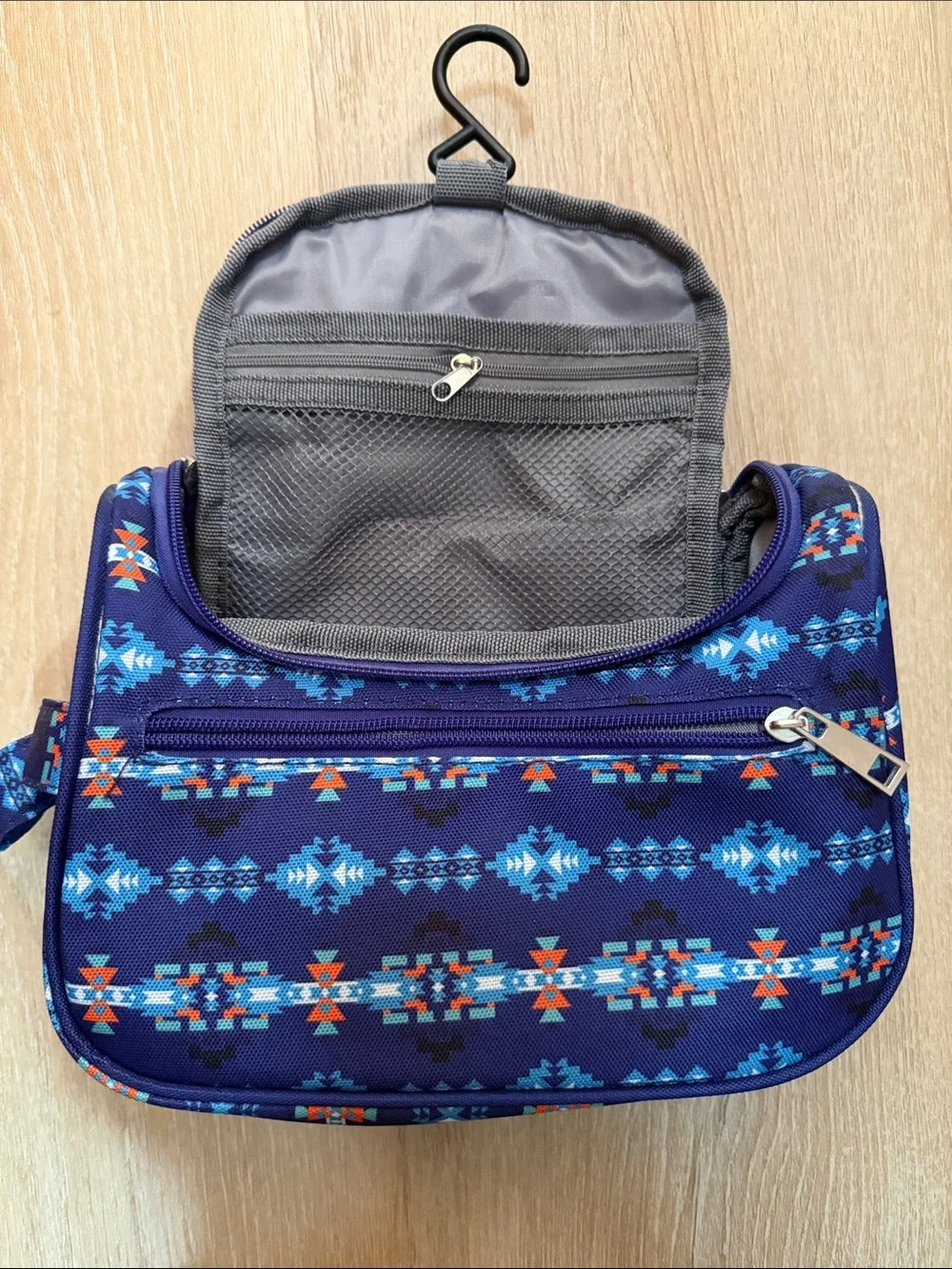 Navy Aztec Print Travel Pouch - Compact Cosmetic Bag